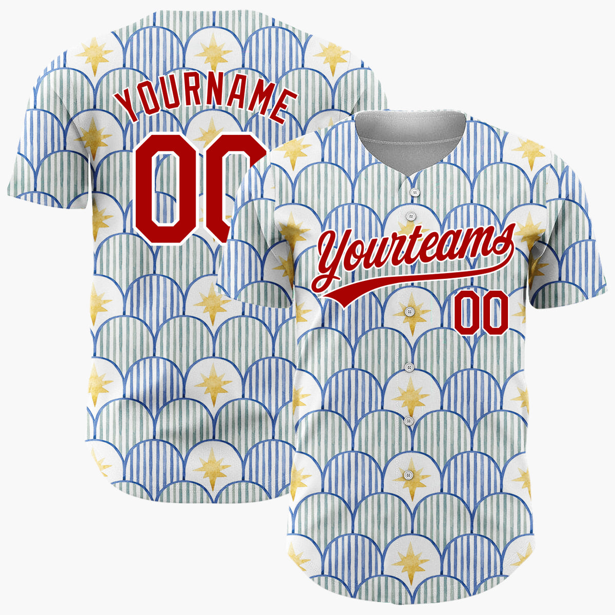 Custom White Blue Scallop Scale And Star Watercolor Pattern Christmas Baseball Jersey