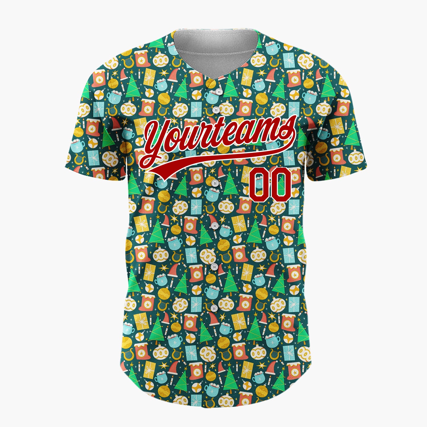 Custom Teal Yellow Trees Gifts And Ornaments Playful Christmas Baseball Jersey