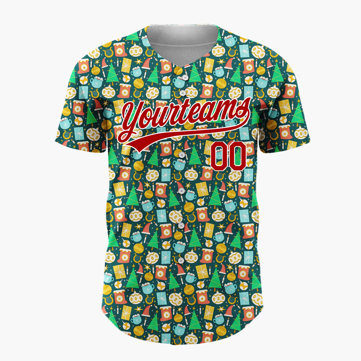 Custom Teal Yellow Trees Gifts And Ornaments Playful Christmas Baseball Jersey