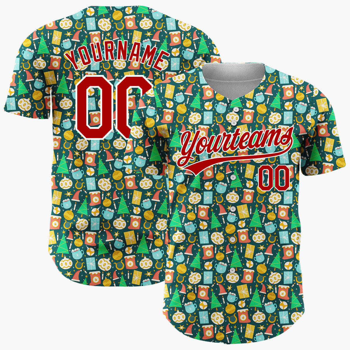 Custom Teal Yellow Trees Gifts And Ornaments Playful Christmas Baseball Jersey