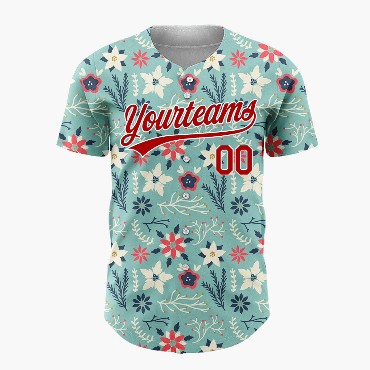 Custom Teal Red Poinsettia Flowers And Leaves Scandinavian Holiday Pattern Christmas Baseball Jersey