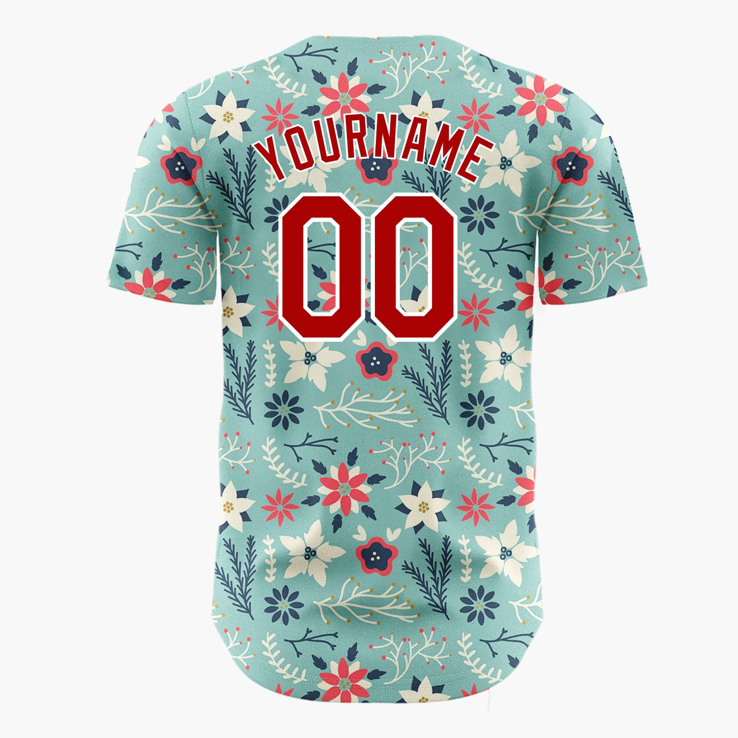 Custom Teal Red Poinsettia Flowers And Leaves Scandinavian Holiday Pattern Christmas Baseball Jersey