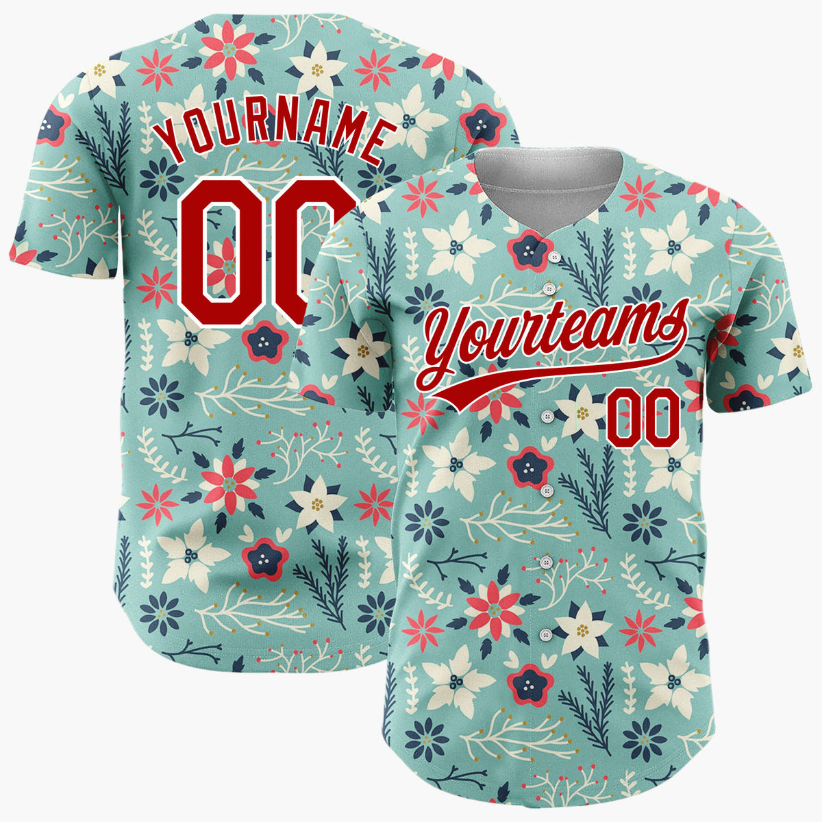 Custom Teal Red Poinsettia Flowers And Leaves Scandinavian Holiday Pattern Christmas Baseball Jersey