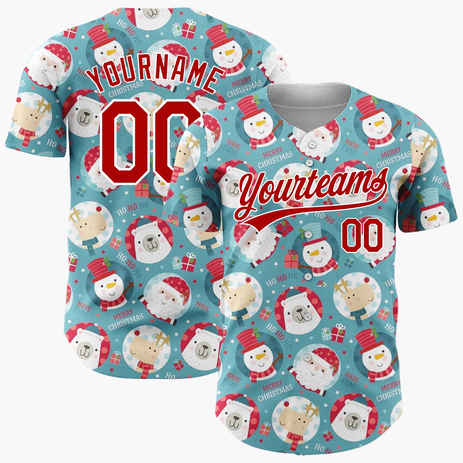 Custom Teal Christmas Character Circles Text Fun Illustration Christmas Baseball Jersey