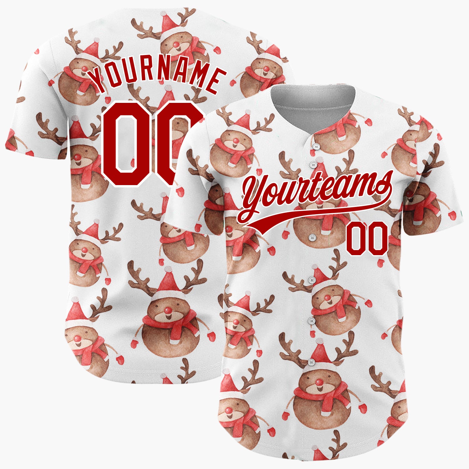 Custom White Cute Reindeer Festive Watercolor Pattern Christmas Baseball Jersey