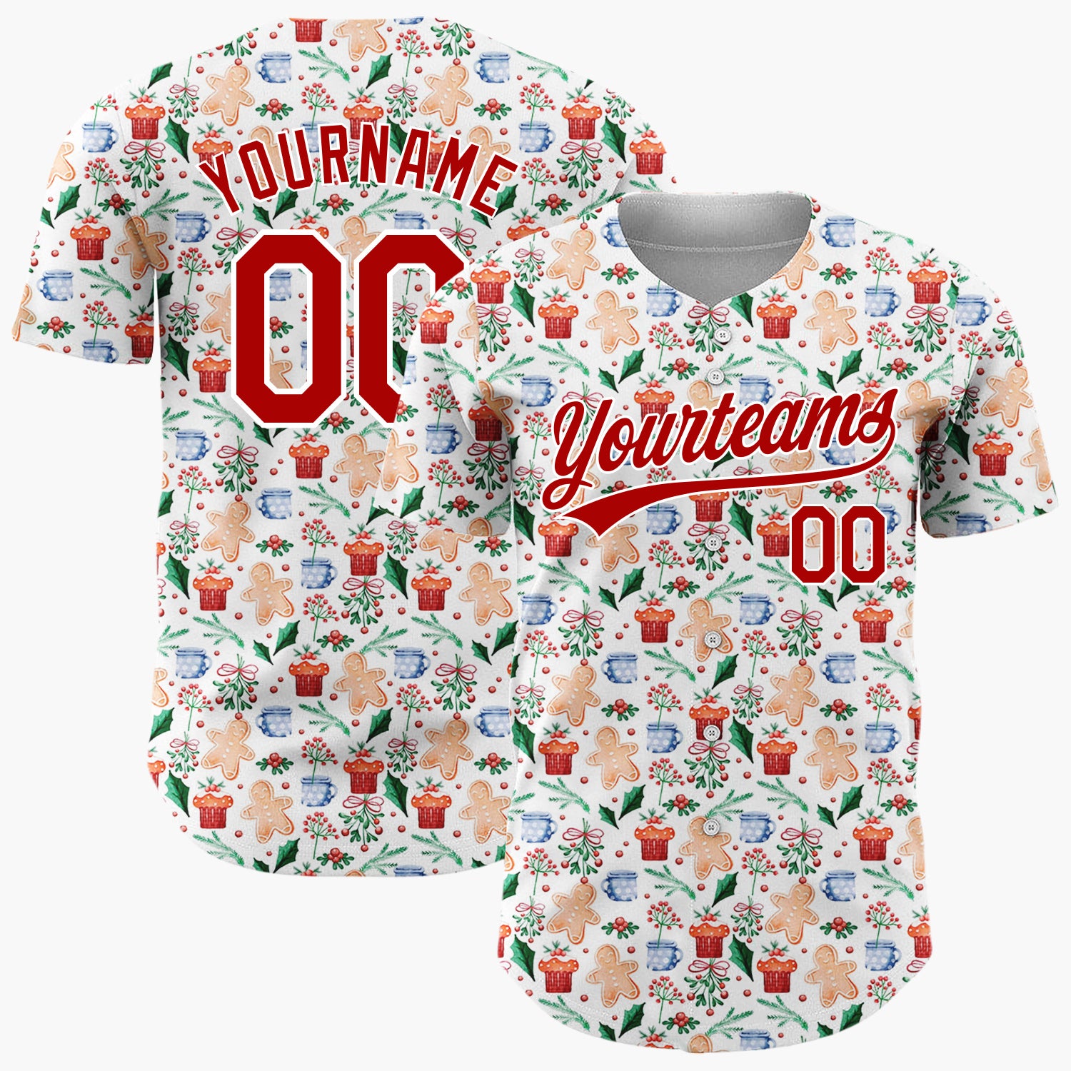 Custom White Christmas Gingerman Doodles Cartoon Pattern Christmas Baseball Jersey
