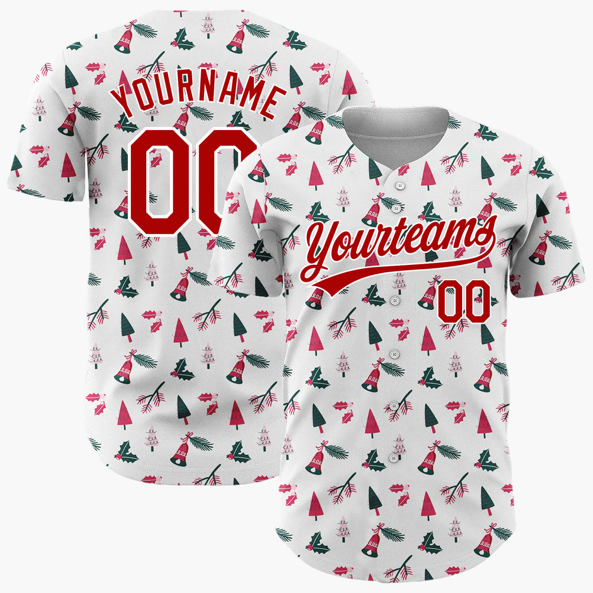 Custom White Red Abstract Trees And Holly Simple Minimalist Pattern Christmas Baseball Jersey