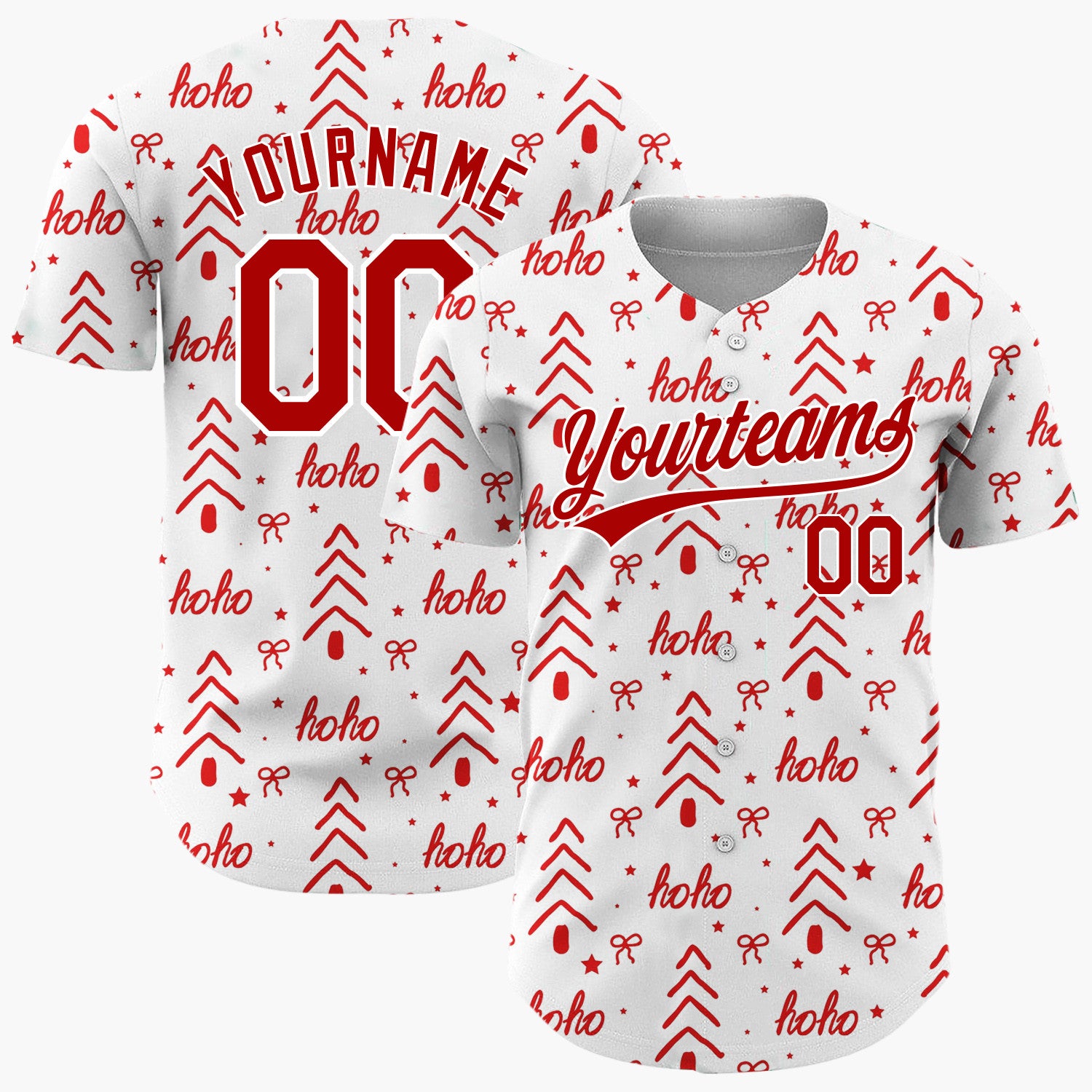 Custom White Hoho Christmas Tree And Bow Doodle Pattern Christmas Baseball Jersey