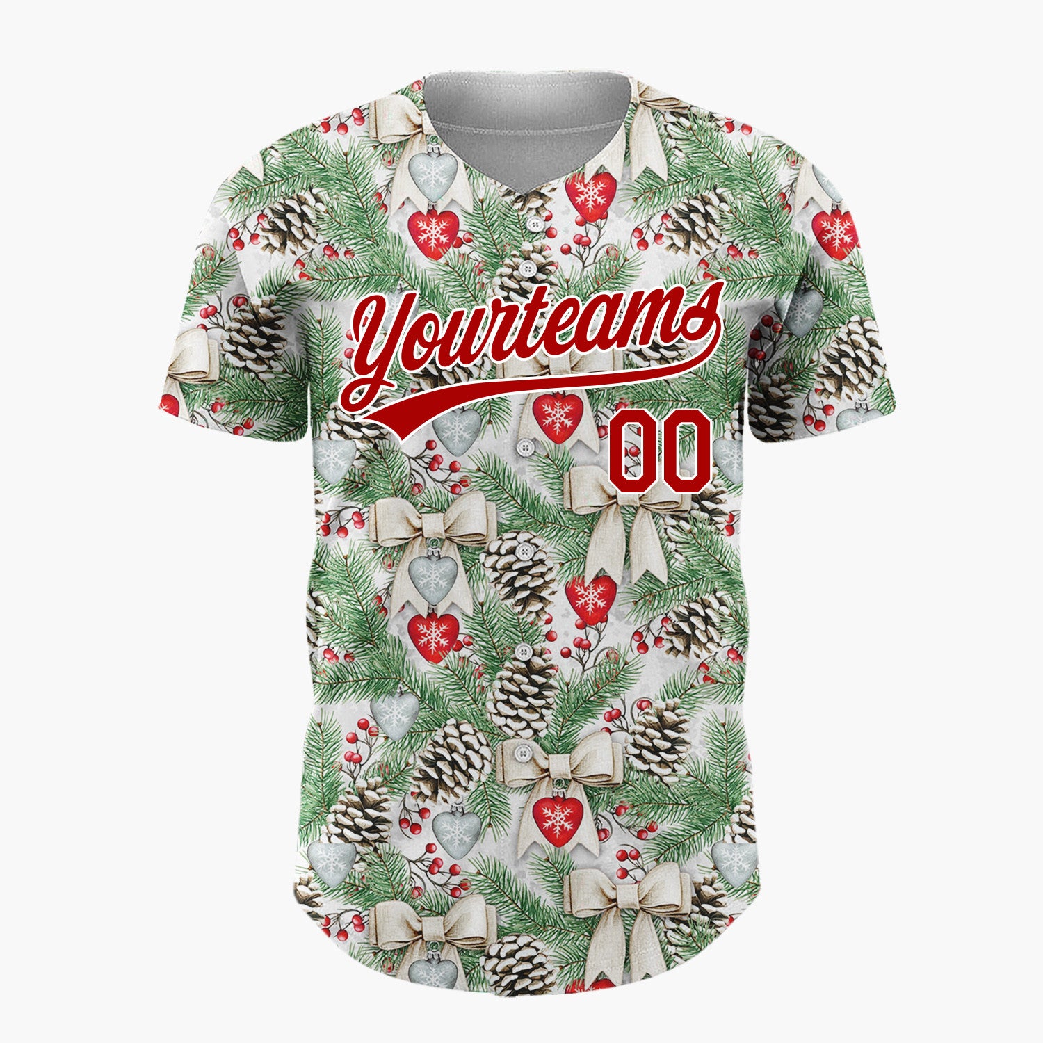 Custom White Pinecones Bows And Hearts Realistic Christmas Baseball Jersey