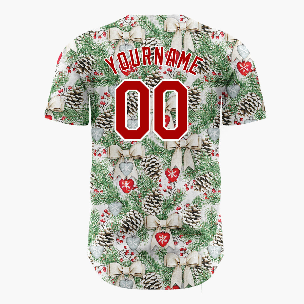 Custom White Pinecones Bows And Hearts Realistic Christmas Baseball Jersey