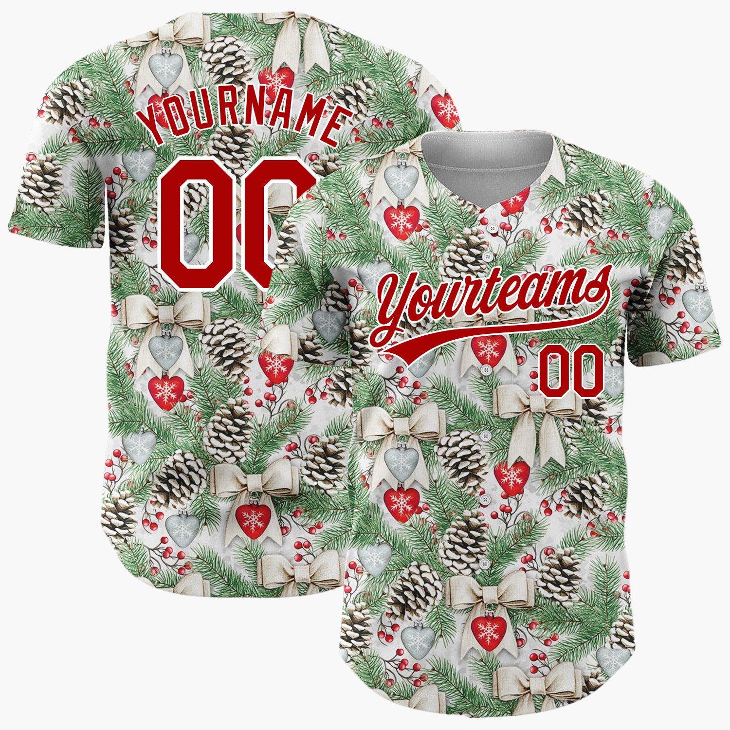 Custom White Pinecones Bows And Hearts Realistic Christmas Baseball Jersey