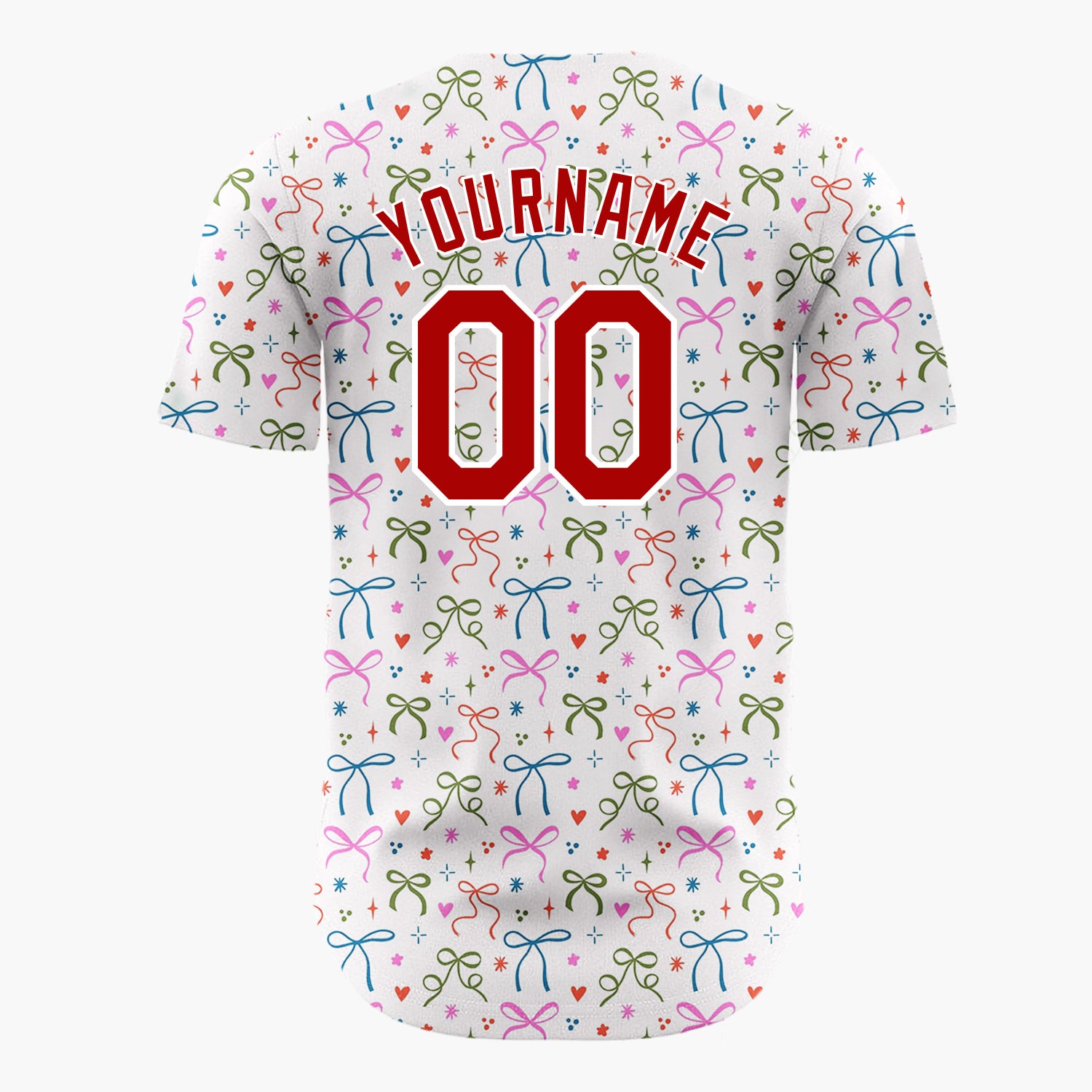 Custom White Scattered Colorful Bows Hearts Whimsical Christmas Baseball Jersey