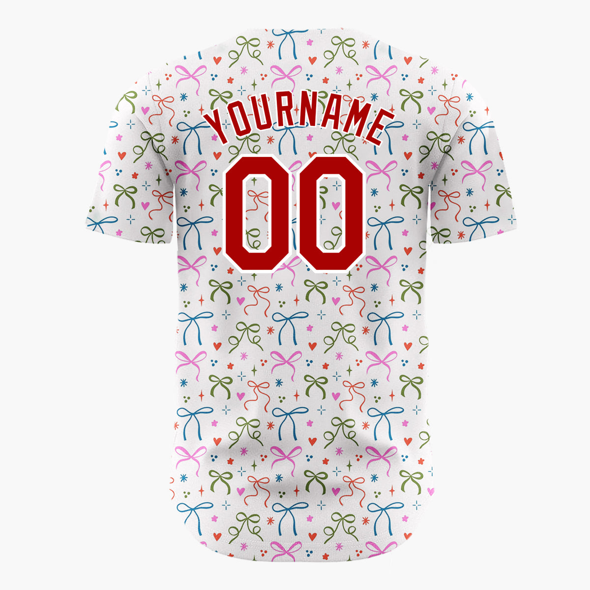 Custom White Scattered Colorful Bows Hearts Whimsical Christmas Baseball Jersey