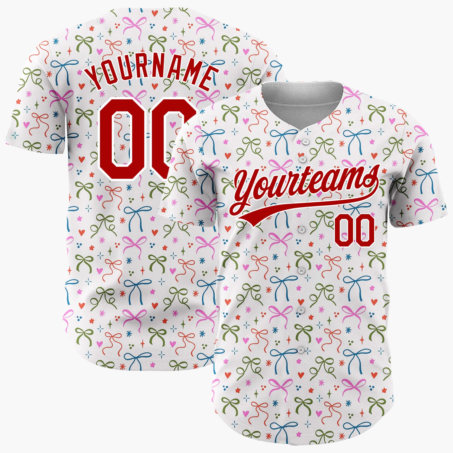 Custom White Scattered Colorful Bows Hearts Whimsical Christmas Baseball Jersey