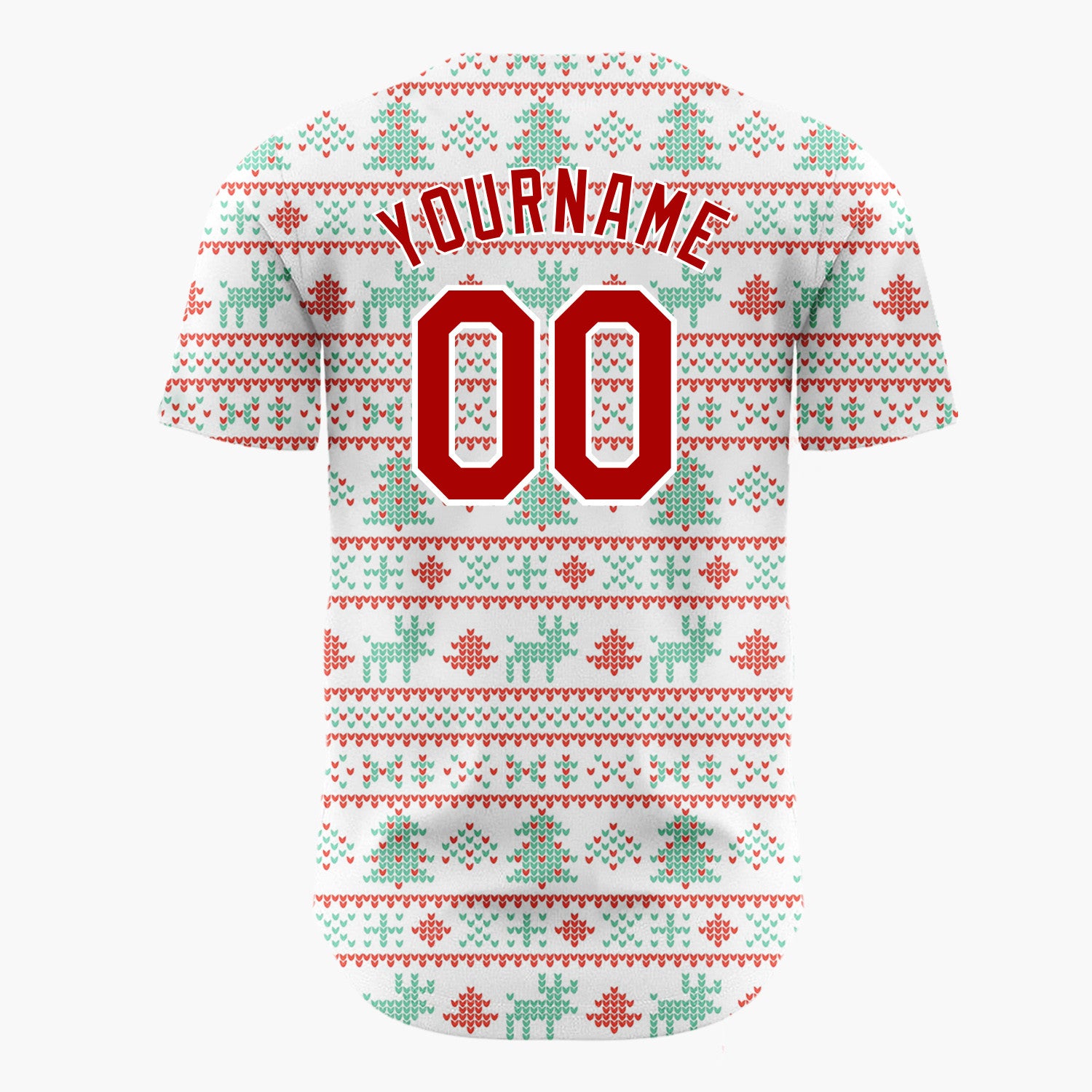 Custom White Red Mint Green Trees Reindeer And Hearts Christmas Fair Isle Knit Pattern Christmas Baseball Jersey