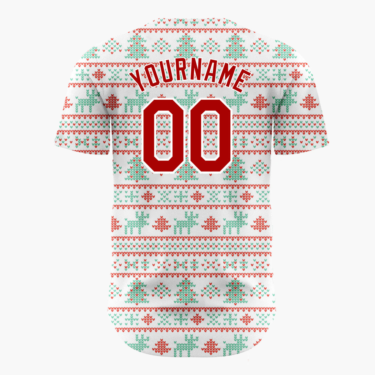 Custom White Red Mint Green Trees Reindeer And Hearts Christmas Fair Isle Knit Pattern Christmas Baseball Jersey
