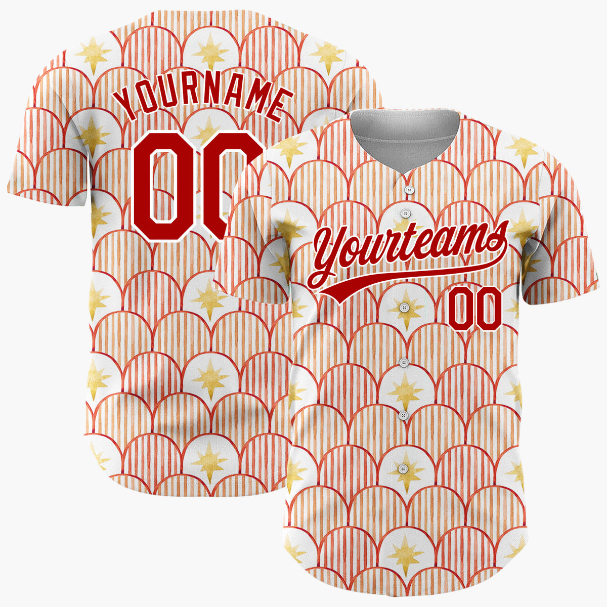 Custom White Red Scallop Scale And Star Watercolor Pattern Christmas Baseball Jersey