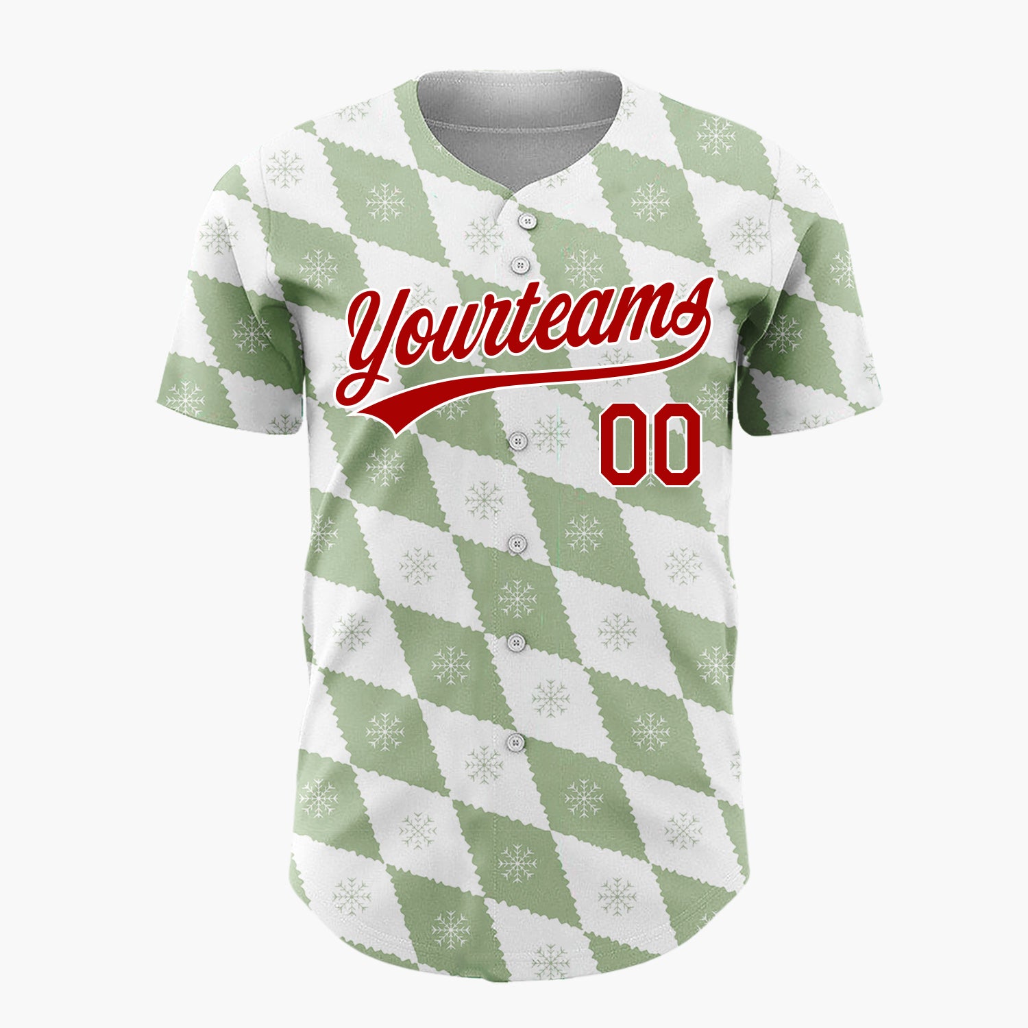 Custom White Sage Green Snowflake Argyle Geometric Pattern Christmas Baseball Jersey