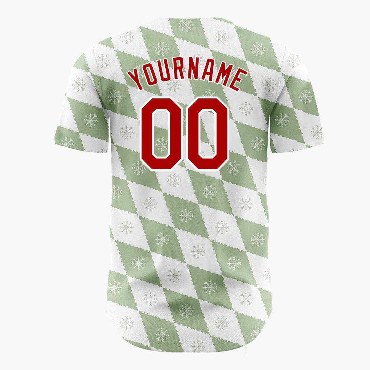 Custom White Sage Green Snowflake Argyle Geometric Pattern Christmas Baseball Jersey