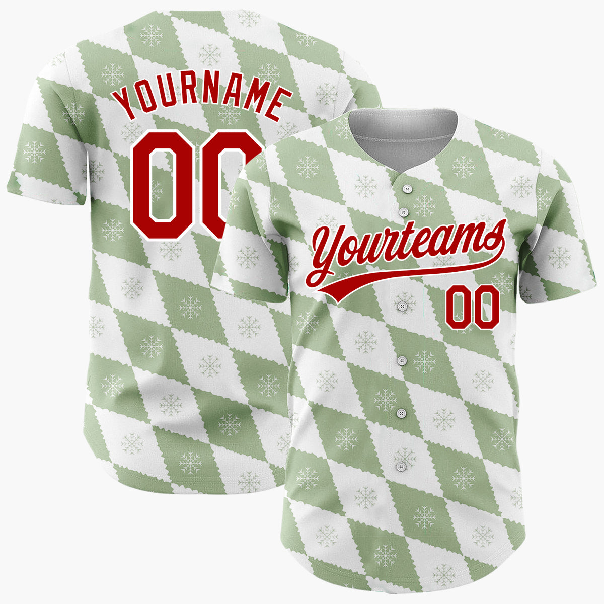 Custom White Sage Green Snowflake Argyle Geometric Pattern Christmas Baseball Jersey