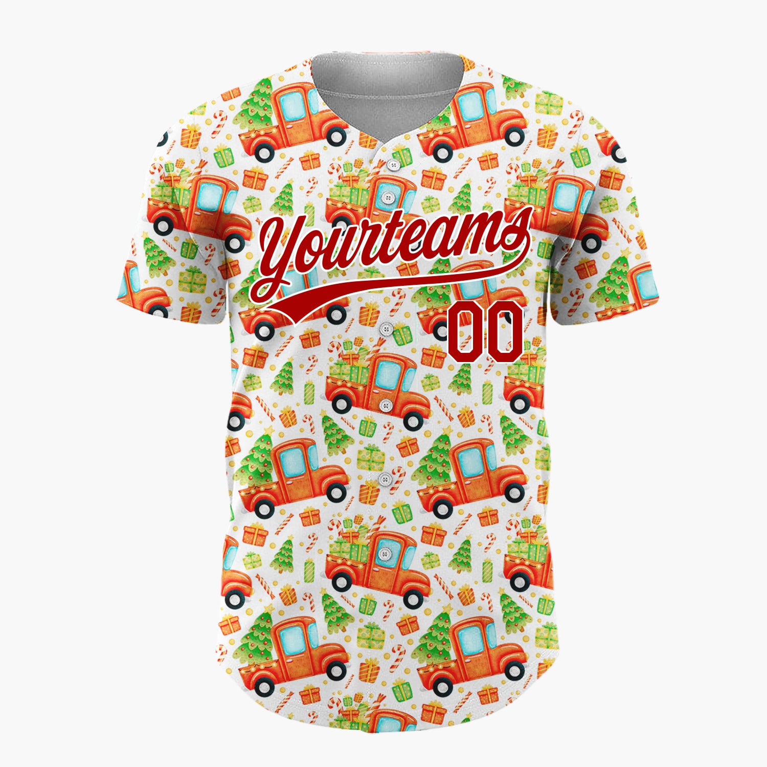 Custom White Red Truck And Christmas Tree Watercolor Cartoon Pattern Christmas Baseball Jersey