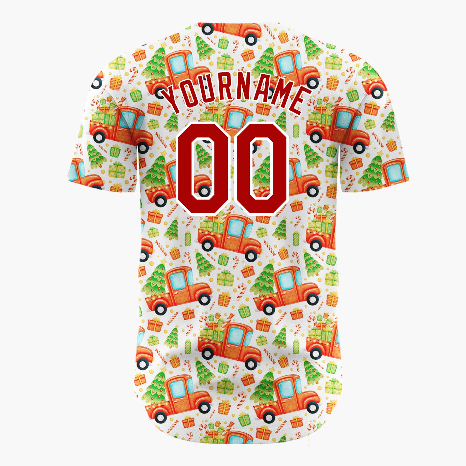Custom White Red Truck And Christmas Tree Watercolor Cartoon Pattern Christmas Baseball Jersey