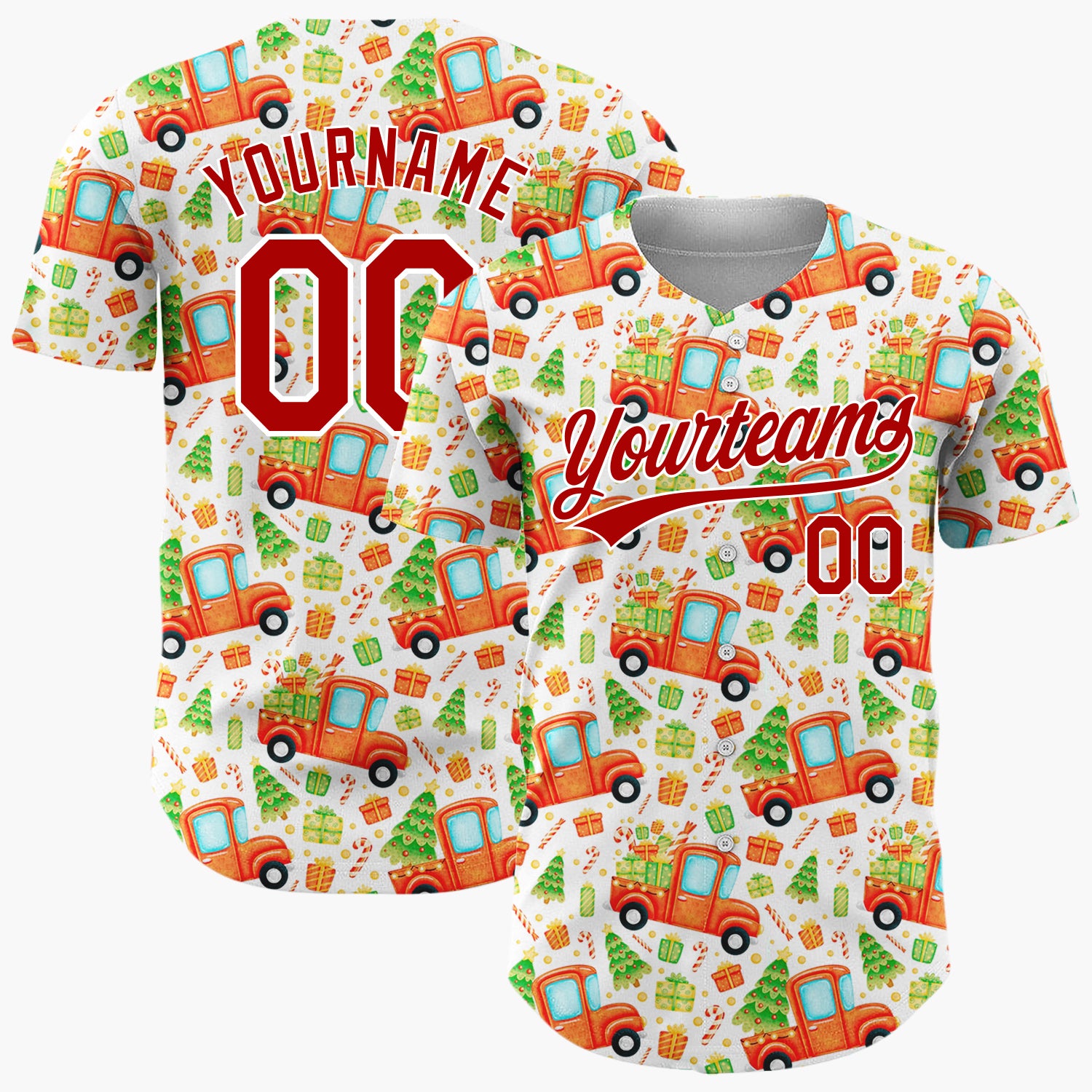 Custom White Red Truck And Christmas Tree Watercolor Cartoon Pattern Christmas Baseball Jersey