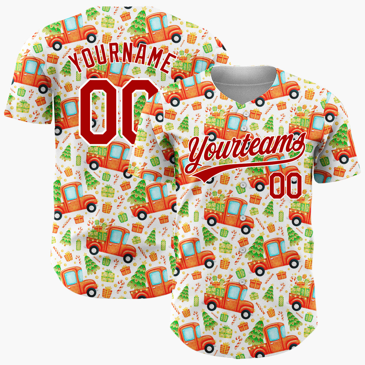Custom White Red Truck And Christmas Tree Watercolor Cartoon Pattern Christmas Baseball Jersey