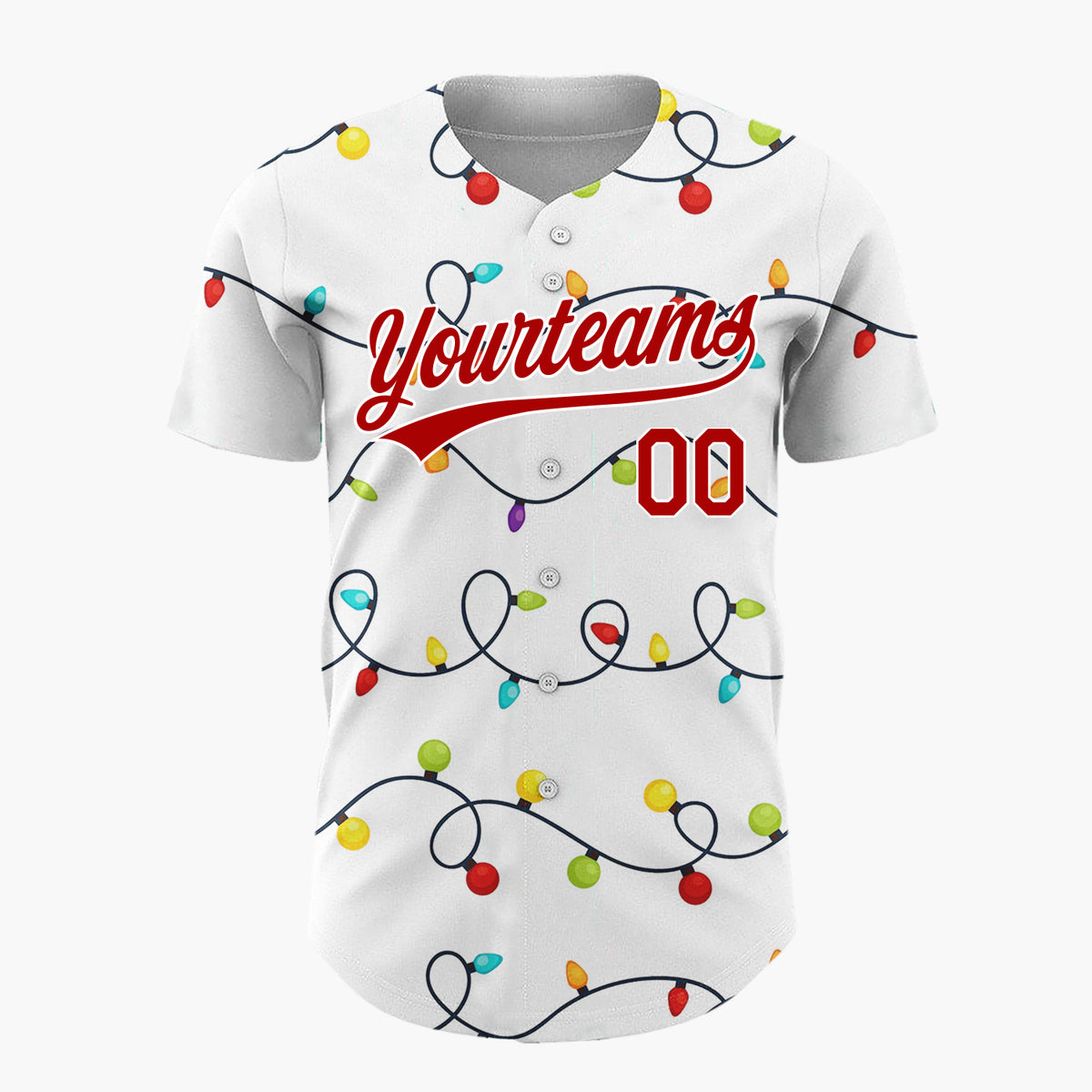 Custom White Rows Of Colorful Christmas Lights Line Art Pattern Christmas Baseball Jersey