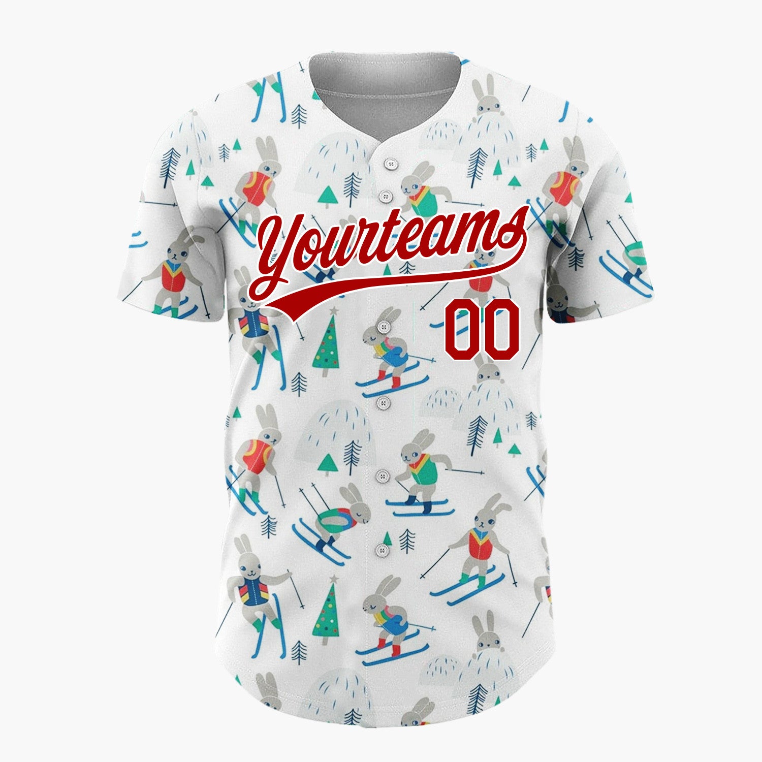 Custom White Skiing Bunnies Winter Hills Cute Whimsical Pattern Christmas Baseball Jersey