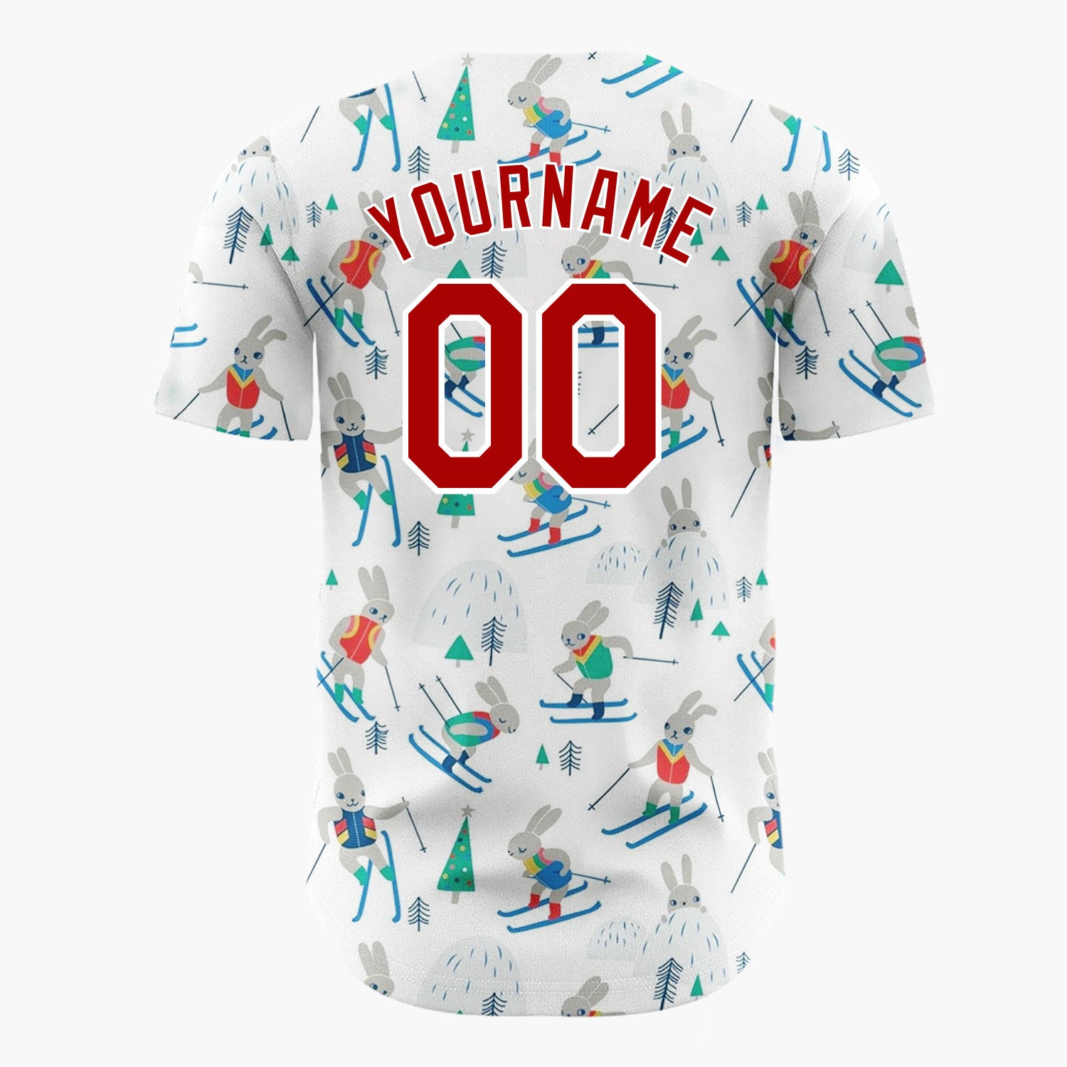 Custom White Skiing Bunnies Winter Hills Cute Whimsical Pattern Christmas Baseball Jersey