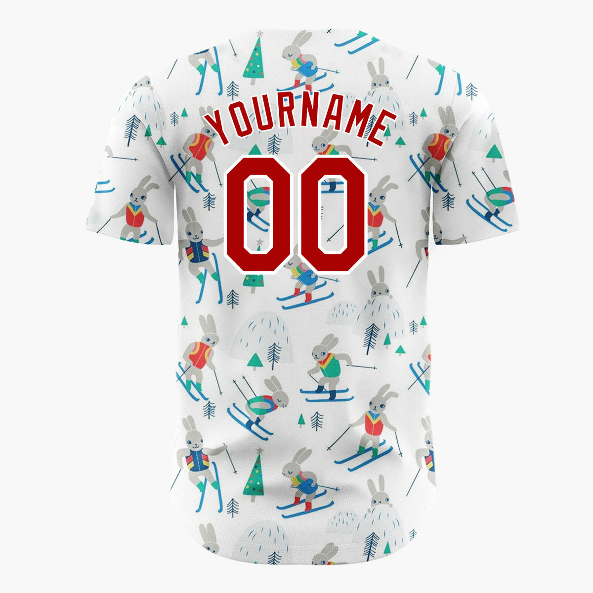 Custom White Skiing Bunnies Winter Hills Cute Whimsical Pattern Christmas Baseball Jersey