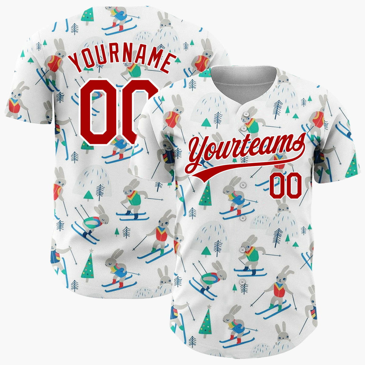 Custom White Skiing Bunnies Winter Hills Cute Whimsical Pattern Christmas Baseball Jersey