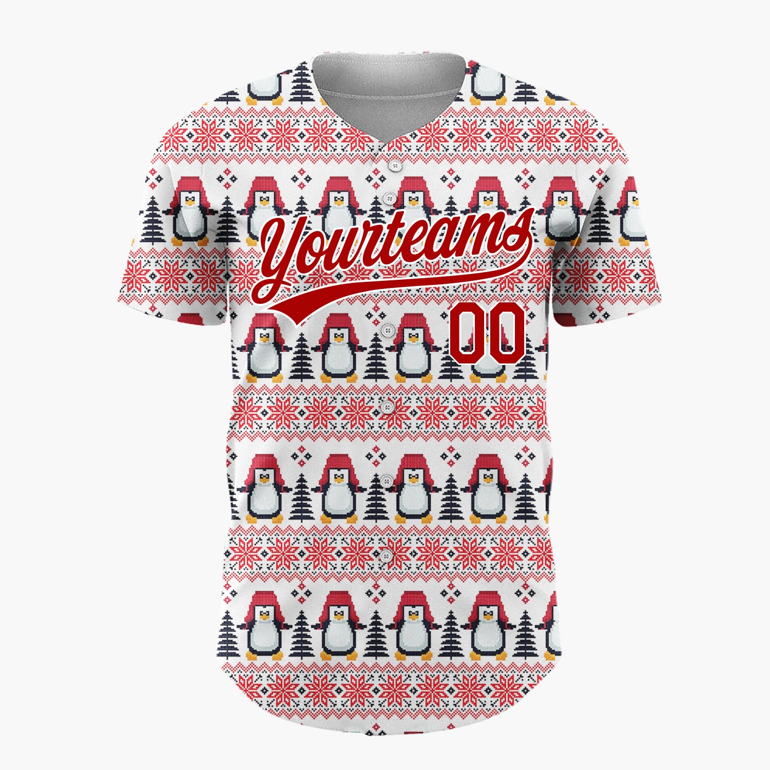 Custom White Red Penguin And Tree Pixelated Fair Isle Pattern Christmas Baseball Jersey