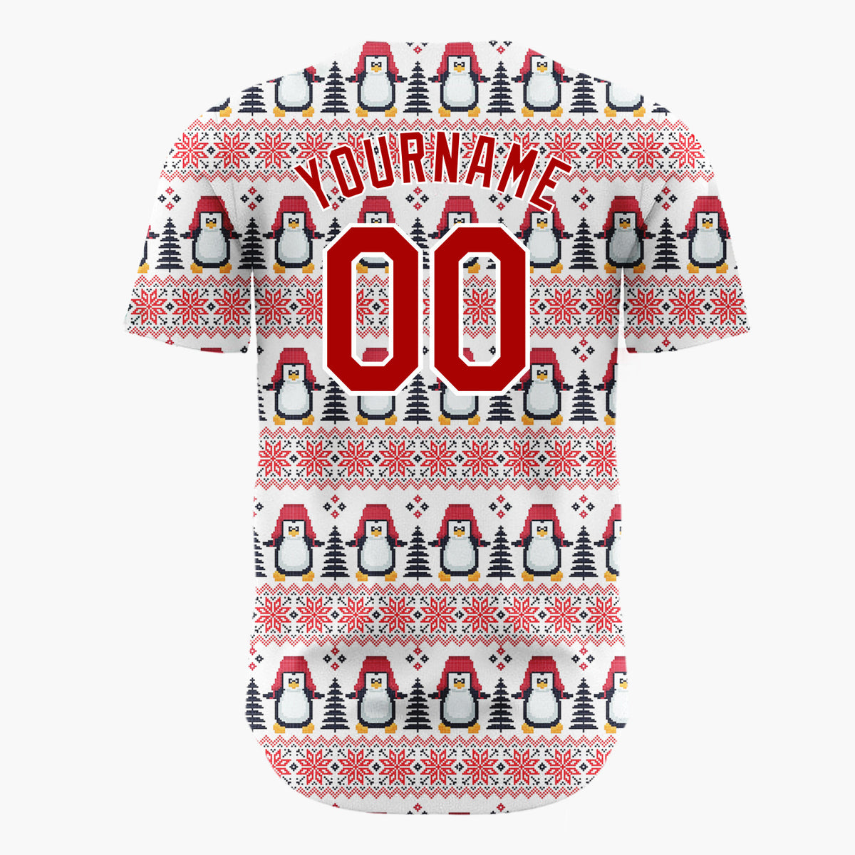 Custom White Red Penguin And Tree Pixelated Fair Isle Pattern Christmas Baseball Jersey