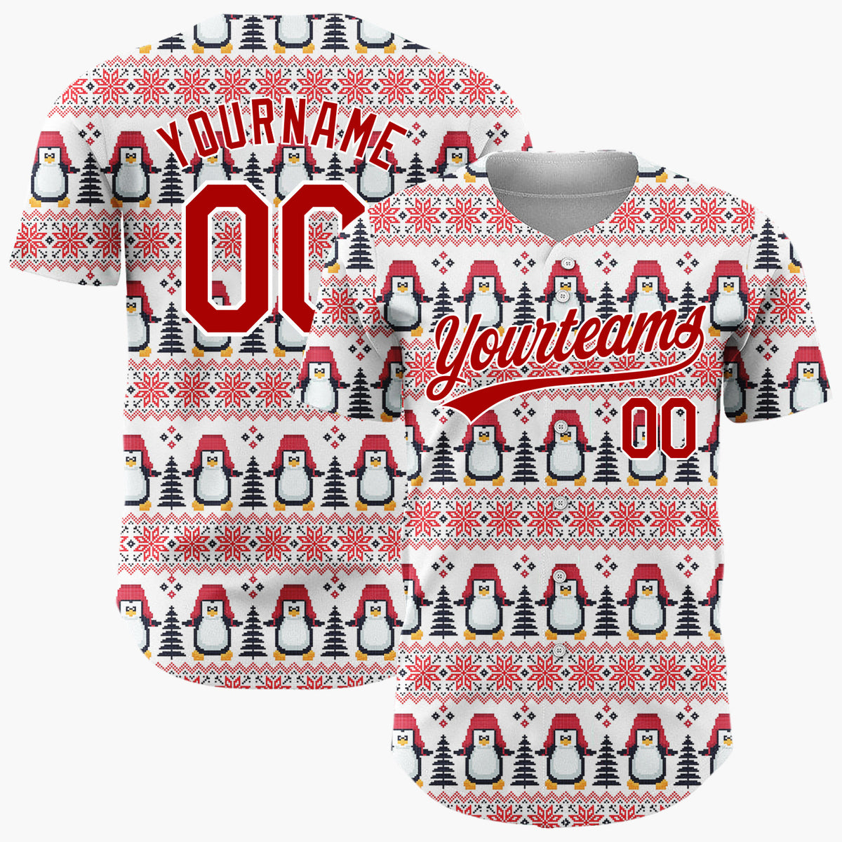 Custom White Red Penguin And Tree Pixelated Fair Isle Pattern Christmas Baseball Jersey