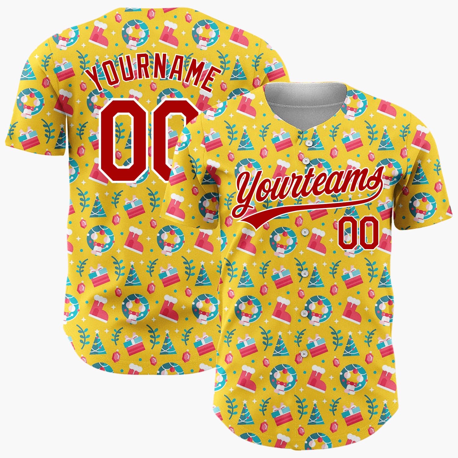 Custom Yellow Red Blue Simple Icon Christmas Baseball Jersey