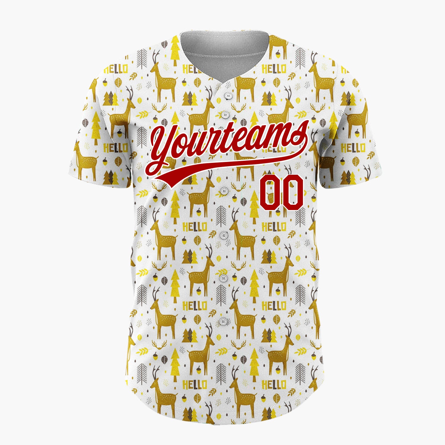 Custom White Yellow Reindeers Trees And Leaves Hello Winter Pattern Christmas Baseball Jersey