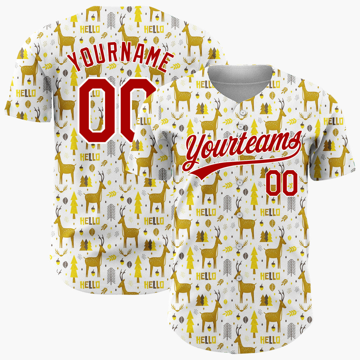 Custom White Yellow Reindeers Trees And Leaves Hello Winter Pattern Christmas Baseball Jersey