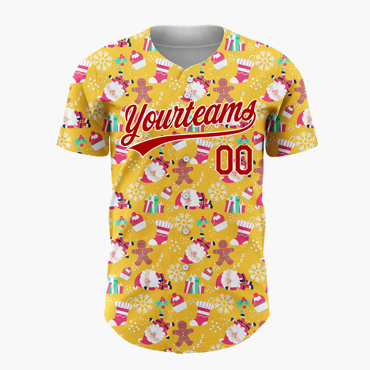 Custom Yellow Red White Santa Gingerbread And Gifts Festive Christmas Baseball Jersey