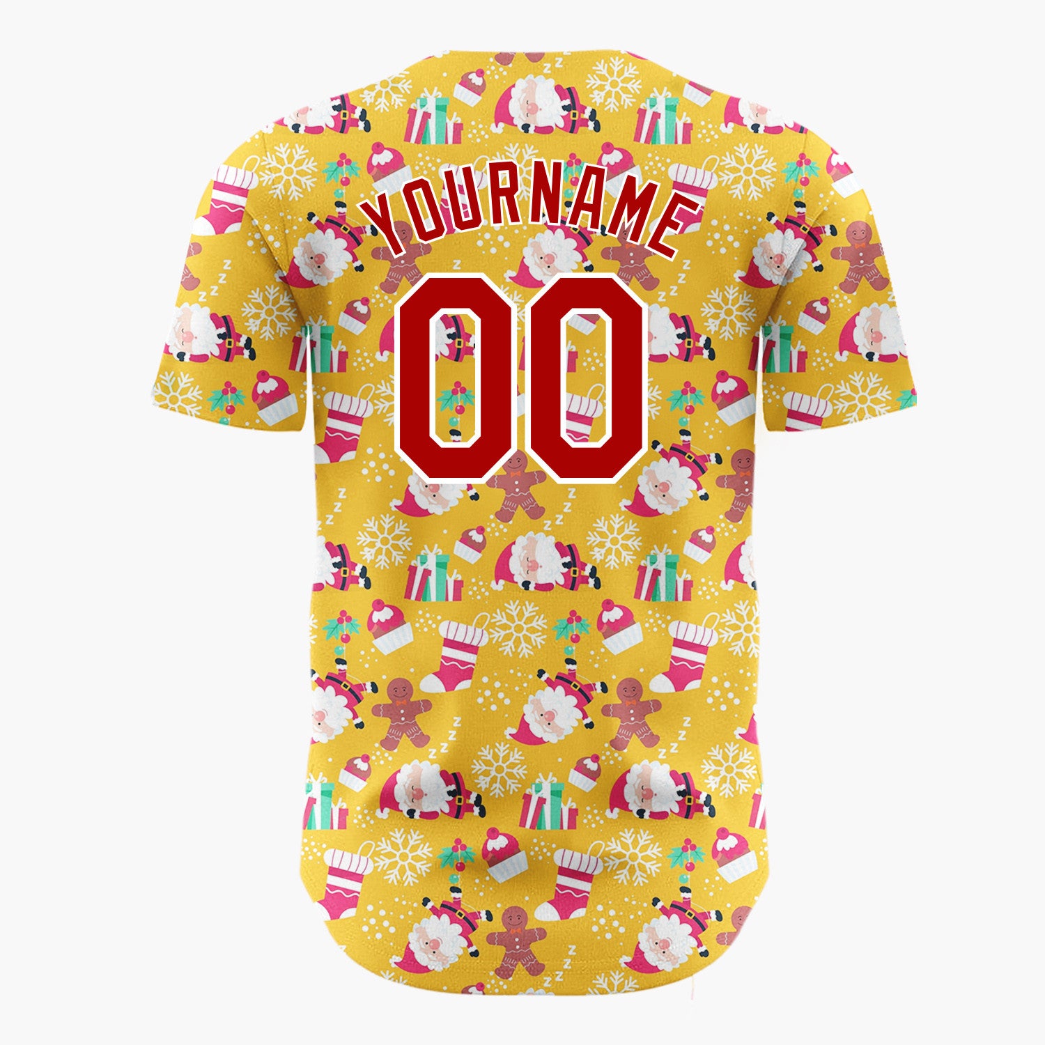 Custom Yellow Red White Santa Gingerbread And Gifts Festive Christmas Baseball Jersey