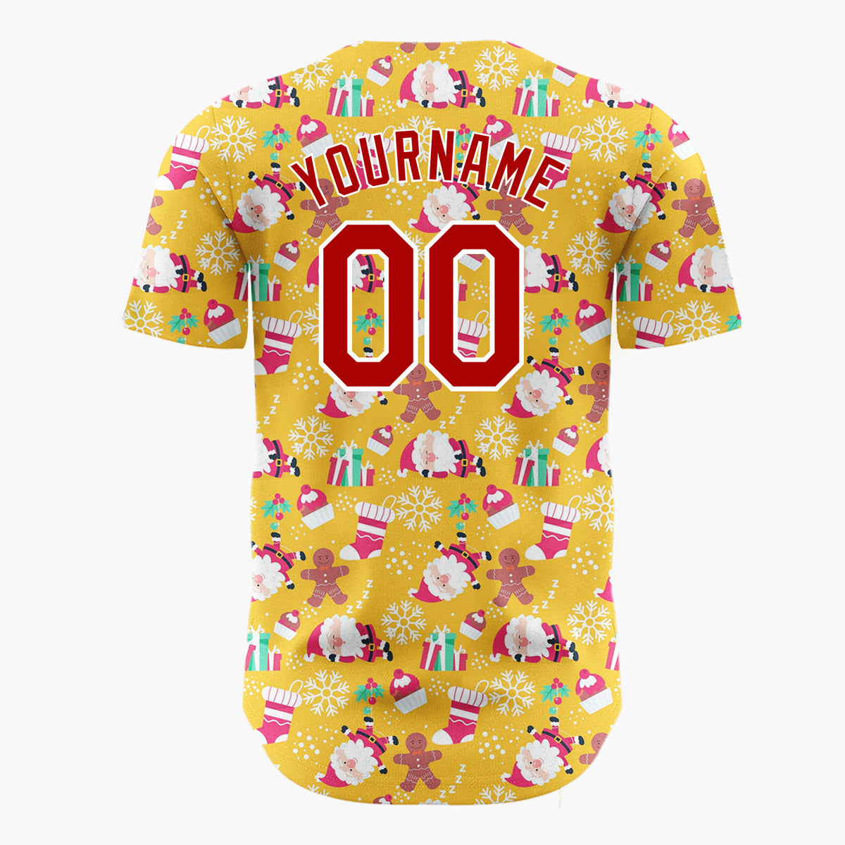 Custom Yellow Red White Santa Gingerbread And Gifts Festive Christmas Baseball Jersey