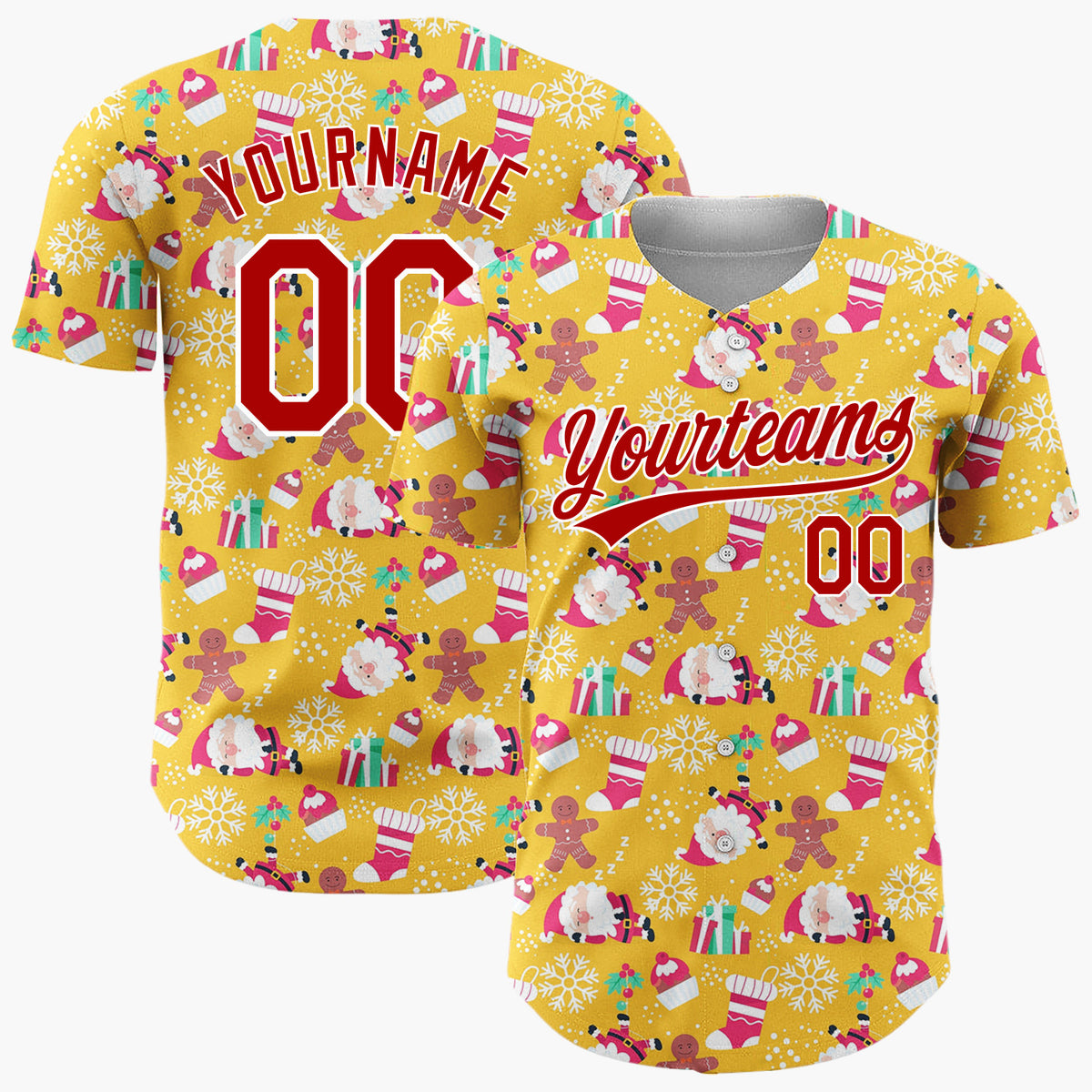 Custom Yellow Red White Santa Gingerbread And Gifts Festive Christmas Baseball Jersey