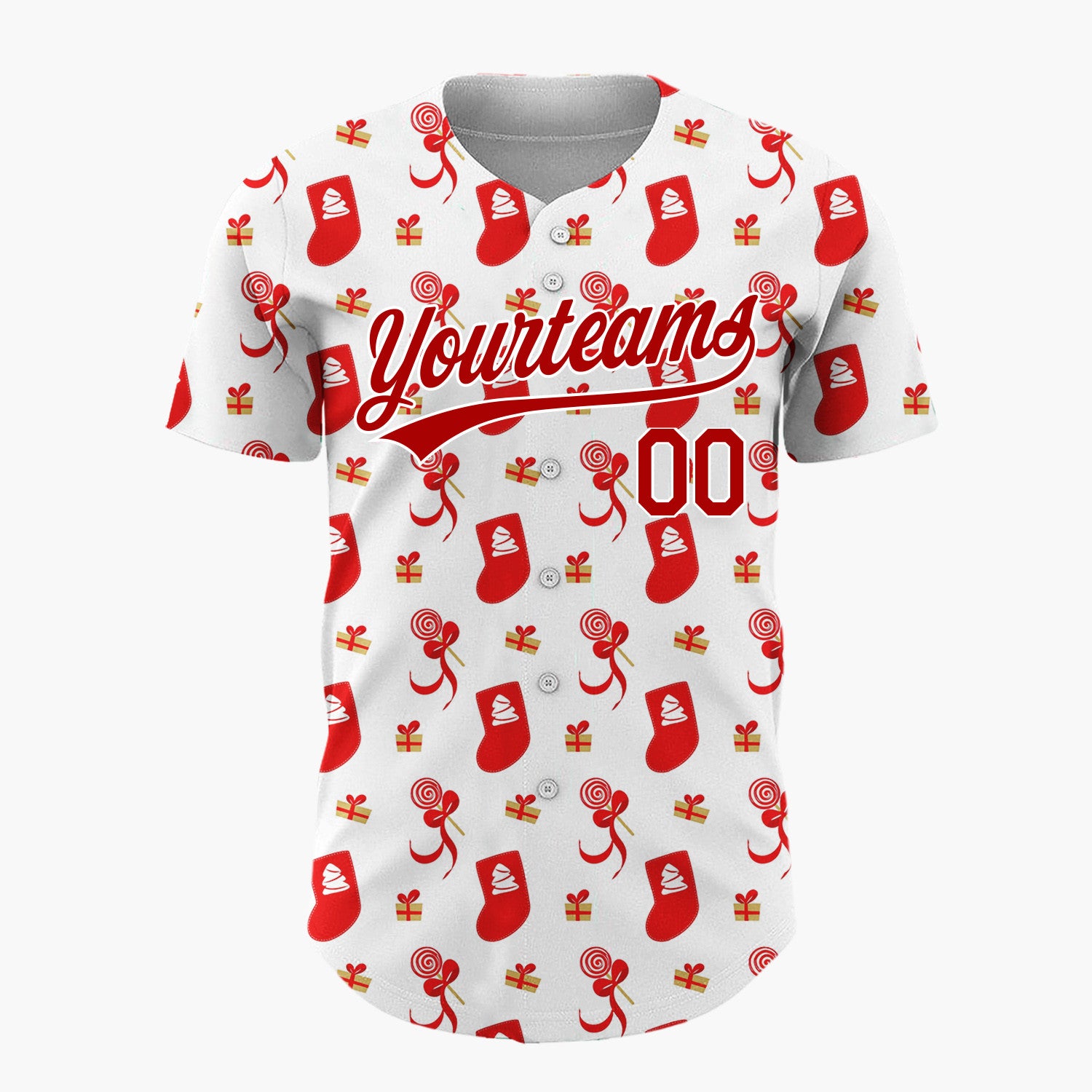 Custom White Red Stocking Candy And Gift Minimalist Pattern Christmas Baseball Jersey