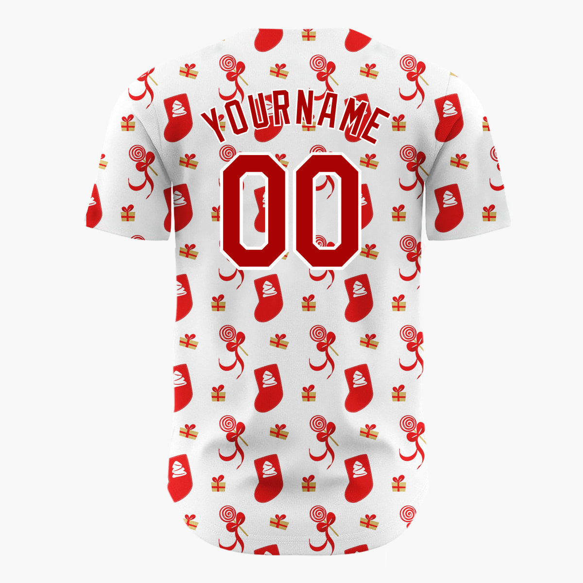 Custom White Red Stocking Candy And Gift Minimalist Pattern Christmas Baseball Jersey