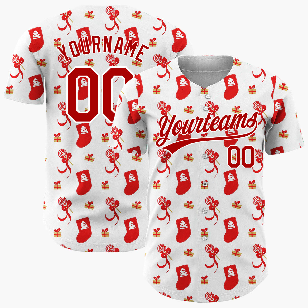 Custom White Red Stocking Candy And Gift Minimalist Pattern Christmas Baseball Jersey