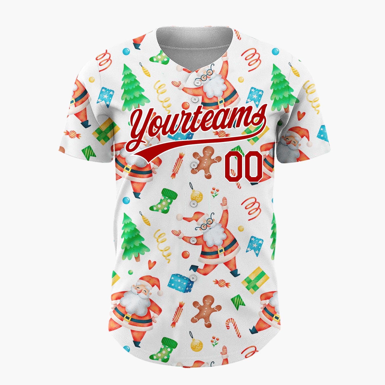 Custom White Santa Gingerbread And Tree Watercolor Cartoon Pattern Christmas Baseball Jersey