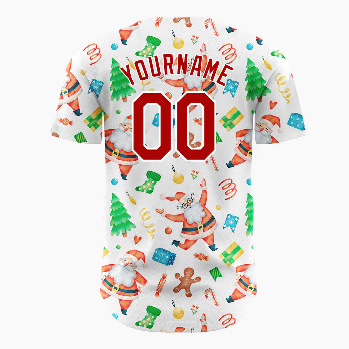 Custom White Santa Gingerbread And Tree Watercolor Cartoon Pattern Christmas Baseball Jersey