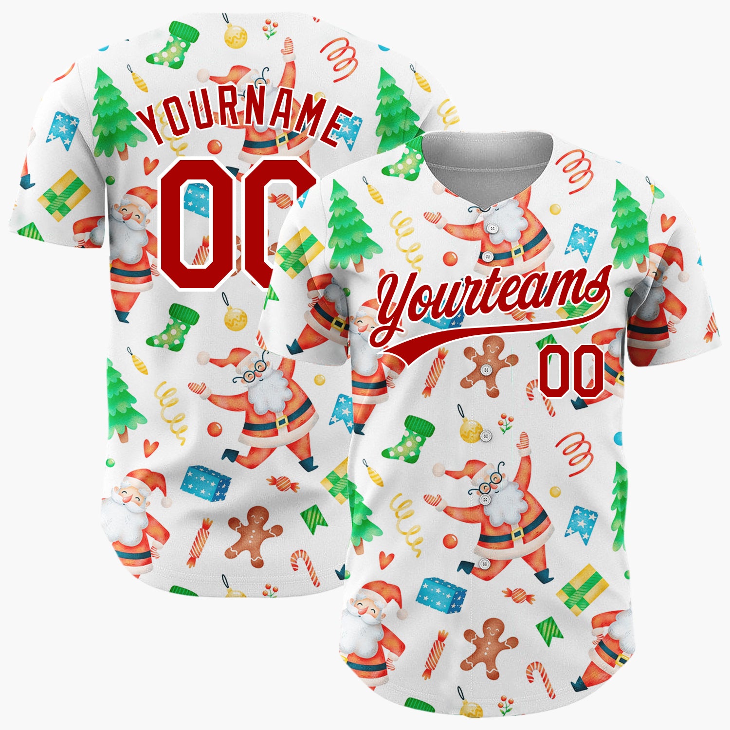 Custom White Santa Gingerbread And Tree Watercolor Cartoon Pattern Christmas Baseball Jersey
