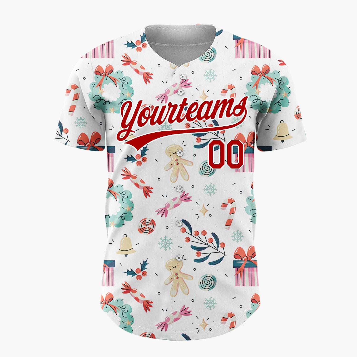 Custom White Red Teal Gingerbread Gifts And Wreaths Whimsical Christmas Baseball Jersey